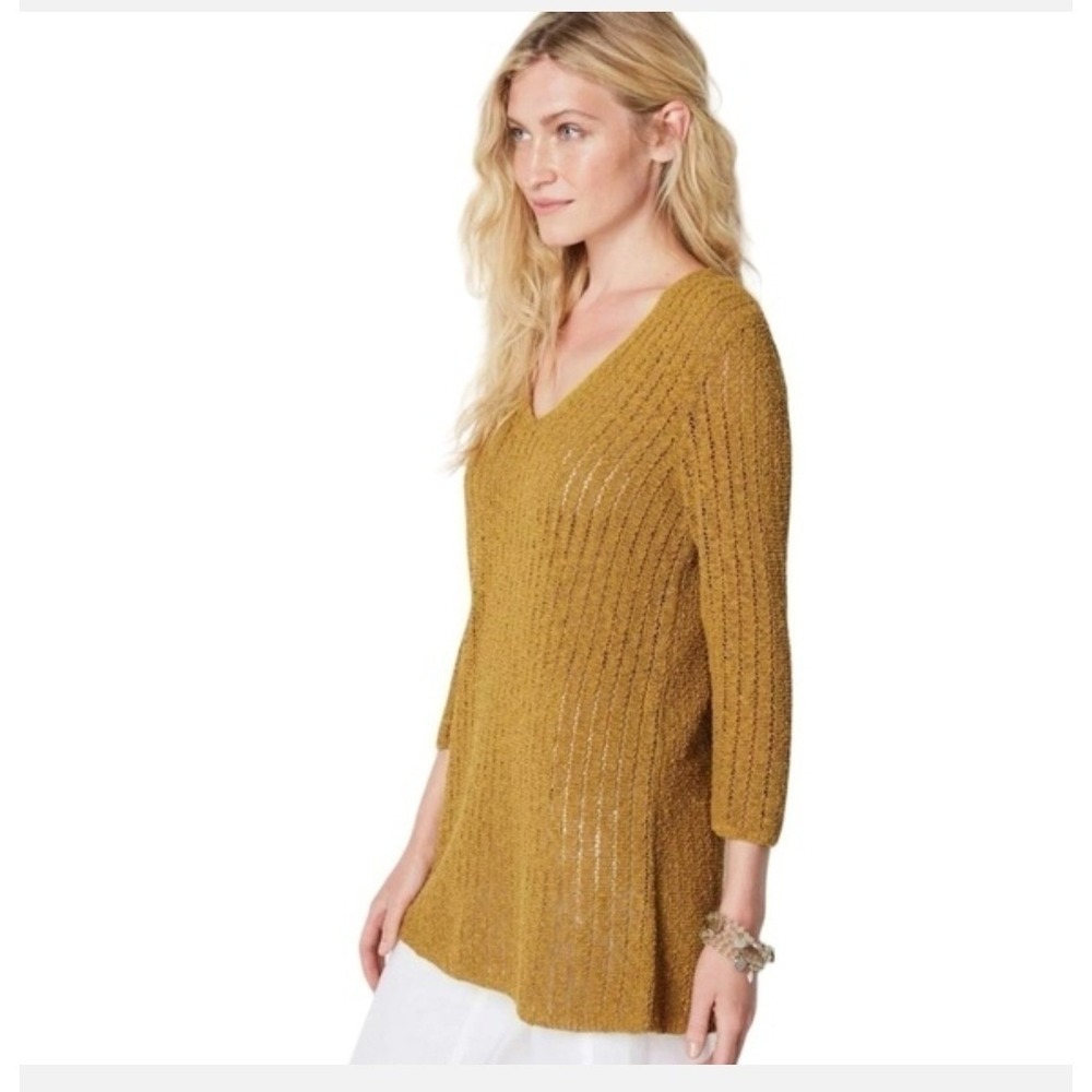 J. Jill Open Stitch V-Neck Tunic Sweater Medium Gold Gilded Coin 223631